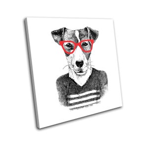 Hipster Animals Dog Glasses Vintage SINGLE  Canvas Art Print Box Framed Picture Wall Hanging
