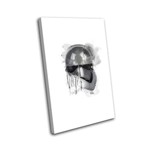May include: A black and white watercolor painting of a Stormtrooper helmet. The helmet is dripping with paint, creating a dramatic effect.