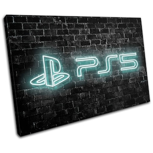May include: A neon sign with the PlayStation logo and the text "PS5" on a black brick wall background.