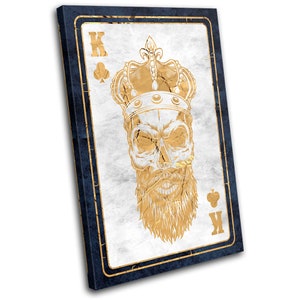 May include: A gold and white playing card with a skull wearing a crown and a beard. The card is the King of Clubs.