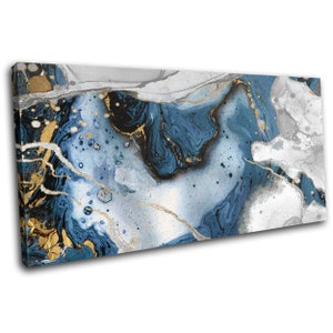 Mármol moderno azul marino efecto dorado gris abstracto lienzo único cuadro de impresión cuadro enmarcado colgante de pared