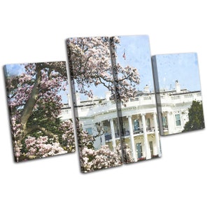 White House USA Blossom Landmarks MULTI  Canvas Art Print Box Framed Picture Wall Hanging
