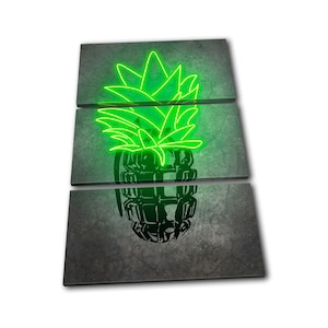 May include: A three-panel canvas print featuring a black and white illustration of a grenade with a neon green pineapple on top. The background is a textured grey.