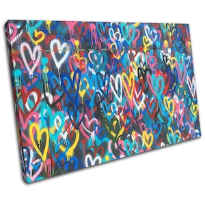 Colourful Pop Hearts Love Graffiti SINGLE  Canvas Art Print Box Framed Picture Wall Hanging