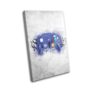 May include: A blue GameCube controller with colorful buttons, painted in a watercolor style on a white background.