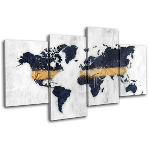 May include: A five-piece canvas print set featuring a world map in navy blue with a gold accent across the continents. The background is a white textured canvas.