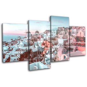 Greece Santorini Teal Pink City MULTI  Canvas Art Print Box Framed Picture Wall Hanging