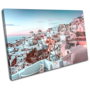 Greece Santorini Teal Pink City SINGLE  Canvas Art Print Box Framed Picture Wall Hanging