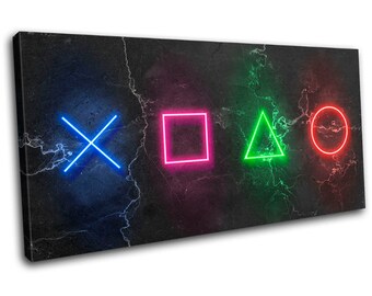 Play Station Symbols Neon Gaming SINGLE  Canvas Art Print Box Framed Picture Wall Hanging