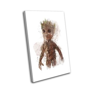 May include: A watercolor painting of a fictional character, Groot, from the Guardians of the Galaxy movie franchise. The character is depicted as a humanoid tree with a brown, textured body and a green leafy head. The background is a white canvas with splashes of watercolor paint.