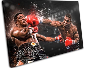 May include: A black and white photograph of two boxers in a boxing ring. The boxer on the left is throwing a punch with his right hand, while the boxer on the right is blocking the punch with his left hand. Both boxers are wearing red boxing gloves.