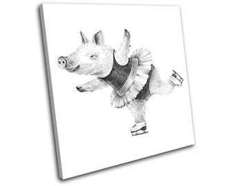 Ice Skating Pig Canvas Art Print, Whimsical Animal Wall Decor