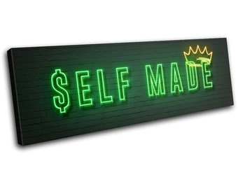 May include: Green neon sign on a black brick wall that reads "$SELF MADE" with a yellow crown above the text.