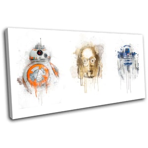 May include: A watercolour painting of three Star Wars characters: BB-8, C-3PO, and R2-D2. The characters are depicted in a white, blue, and orange colour scheme.