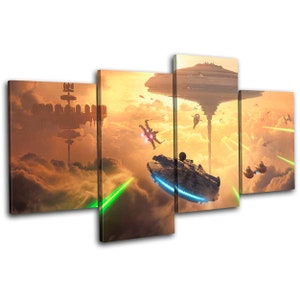 May include: A multi-panel canvas print depicting a scene from Star Wars. The Millennium Falcon flies through a cloudy sky, firing lasers at a Death Star-like space station. X-wings and TIE fighters are also visible in the background.