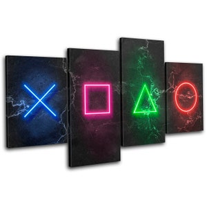 Play Station Symbols Neon Gaming MULTI  Canvas Art Print Box Framed Picture Wall Hanging