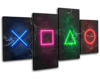 Play Station Symbols Neon Gaming MULTI  Canvas Art Print Box Framed Picture Wall Hanging