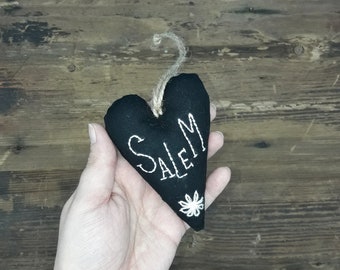 Black heart Salem, Witch - Black tree ornament - goth christmas decor hand embroidered