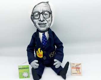 Ray Bradbury writer, author - Readers gift - book shelf decor - Collectible doll + miniature books - MADE TO ORDER
