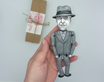 Leonard Cohen Canadian singer-songwriter, poet, novelist - bookshelf decoration - collectible doll + Miniature Book + quote + Bookcase