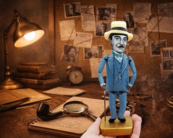 Hercule Poirot detective doll - murder mystery - Book lover gift