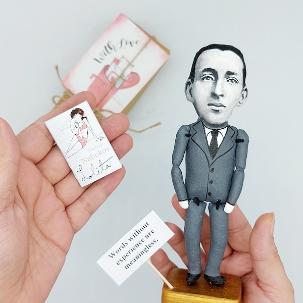 Vladimir Nabokov American novelist, poet - bookshelf decoration - collectible figure on wooden pedestal + Miniature Book