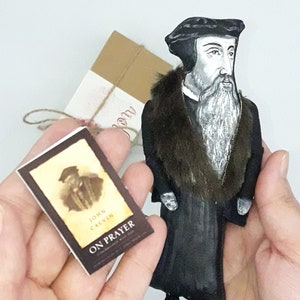 John Calvin Handmade Doll: Protestant Reformation Decor + Miniature Book