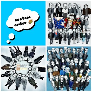 May include: A collection of handmade felt figures of famous authors, including Jane Austen, Charles Dickens, and William Shakespeare. The figures are arranged in a circle around the words "Book Worm".