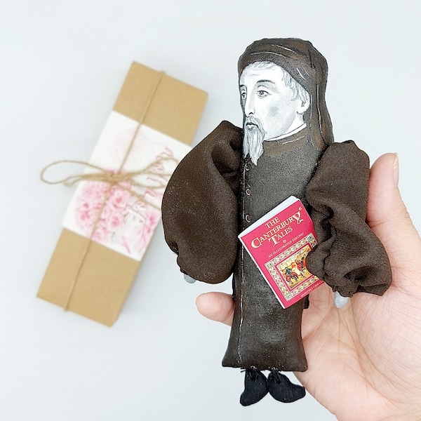 Geoffrey Chaucer figure - Gift for librarian, Literary gift for Readers & Writers - collectible doll hand painted + Miniature Book