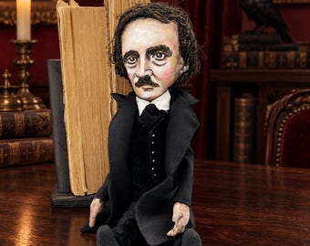 Edgar Allan Poe Doll, 12-Inch Handmade Textile Art, Gothic Writer Gift