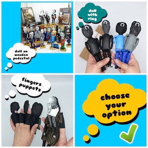 May include: A collage of images showing different types of dolls. The first image shows a doll on a wooden pedestal. The second image shows a doll with a ring. The third image shows finger puppets. The fourth image shows four dolls with different outfits and the text "choose your option".
