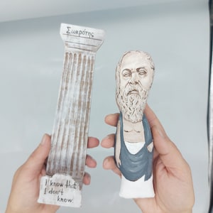 Handmade Socrates Figurine: Greek Philosopher Gift with Wooden Column