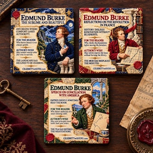 Puede incluir: Tres placas decorativas cuadradas con retratos de Edmund Burke y extractos de sus obras. Cada placa muestra una ilustración única, citas históricas y el sitio web CELEBRITYWITHYOU.COM, dispuestas sobre una superficie de madera oscura.