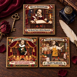 Peut inclure: Trois carreaux décoratifs carrés illustrant William Shakespeare. L'un le montre en train d'écrire, un sur scène et un en train de cuisiner. Le texte inclut "The blank page is being dramatic", "May your life have good lines" et "The recipe said stir."