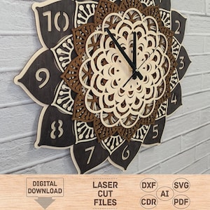 Mandala clock svg, Mandala clock pdf, Mandala clock dxf, Mandala clock cdr, Mandala clock ai, Wood clock svg, Wood clock pdf, Wood clock dxf