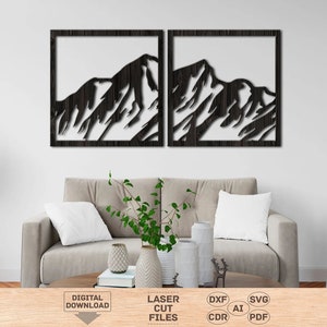 Wood mountain wall art,Mountain wall art set of 2, Wood mountain wall art, Wood and mountain art, Mountain and wood svg, Laser cut wall art