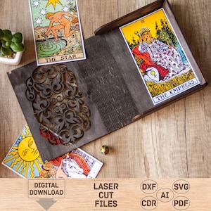 Caja de cartas del Tarot svg, caja de cartas del Tarot cortada con láser, almacenamiento de cartas del Tarot svg, corte láser de almacenamiento de cartas del Tarot, corte láser del soporte de la tarjeta del Tarot