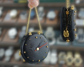 Smart Doll Clock Bag – Black Leather Purse with Moving Hands, Gold Chain Handle & Crochet Details – Miniature Functional Doll Accessory