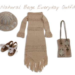May include: A beige crochet hat, a long-sleeved beige knit dress with fringe, a pair of beige sandals with ribbon ties, and a small beige rectangular bag with a chain strap. The text "Natural Beige Everyday Outfit" is visible at the top.