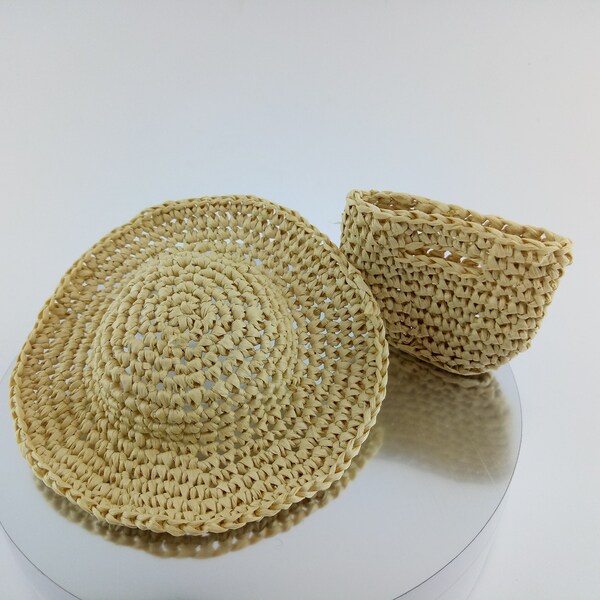 Set Crochet Raffia Bag et Raffia Sun Hat pour Poupées Set Beach Bag et Sun Hat Miniature Raffia Sun Hat pour 1/6 poupée