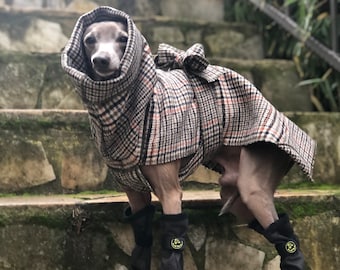 May include: A small dog wearing a plaid coat with a hood and a bow on the back. The dog is also wearing black boots with a yellow emblem. The dog is standing on stone steps.