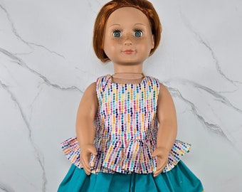 Rainbow Dot Ruffles & Teal Dress For 18 Inch Doll