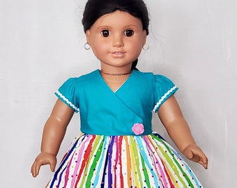 Teal & Rainbow Polka Dots/Stripes Wrap Dress For 18 Inch Doll