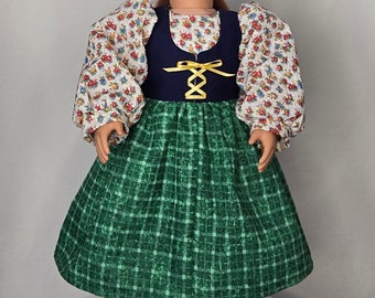 Navy, Floral & Green Plaid Dirndl Costume For 18 Inch Doll