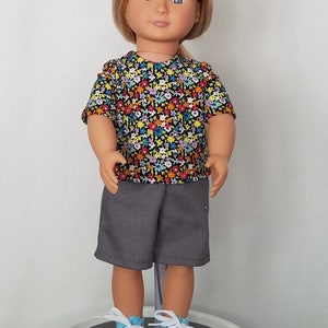 Multicolored Ditsy Floral T-shirt & Grey Denim Shorts For 18 Inch Doll