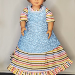 Blue Floral Apron & Multi-colored Stripe Dress Civil War Era 1860s Outfit For 18 Inch Doll