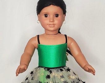 Green Leotard With Black & Gold Stars Tulle w/ Hair Bow Barrette Ballerina Costume For 18 Inch Doll