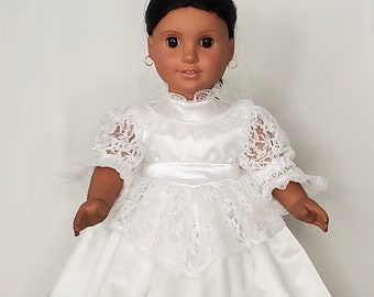 White Lace Victorian 1850s Wedding Gown For 18 Inch Doll