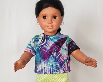 Purple/Blue/Green T-Shirt & Green Lattice Pants Pajama Set For 18 Inch Doll