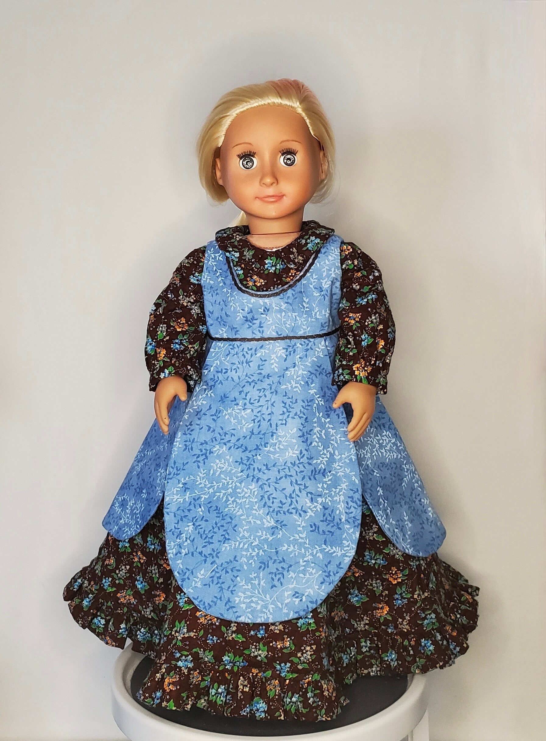 Blue Leaf Apron & Brown Floral Dress Civil War Era 1860s Outfit For 18 Inch Doll